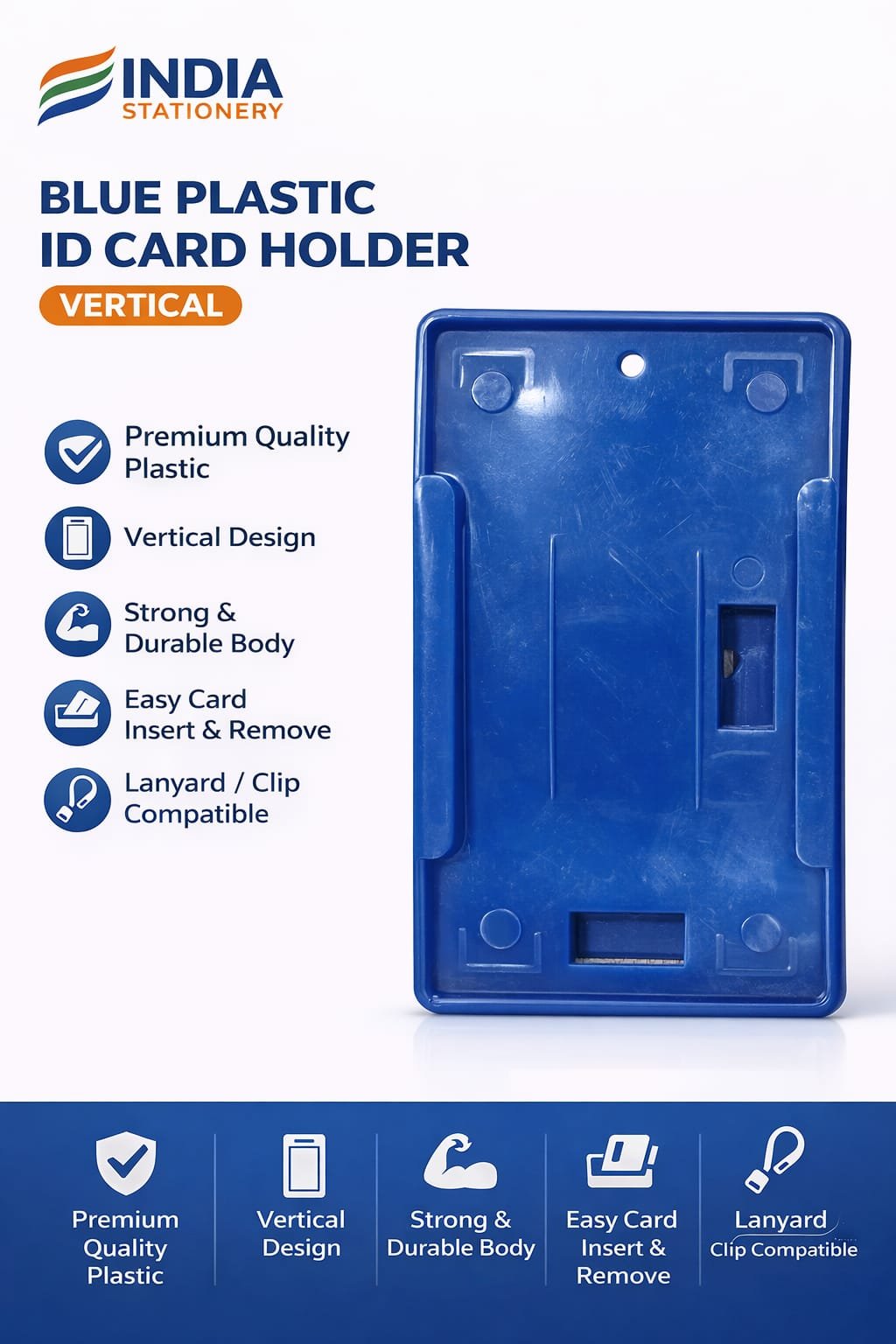 India Stationery Blue Plastic ID Card Holder – Vertical (Pack of 10 Pcs)