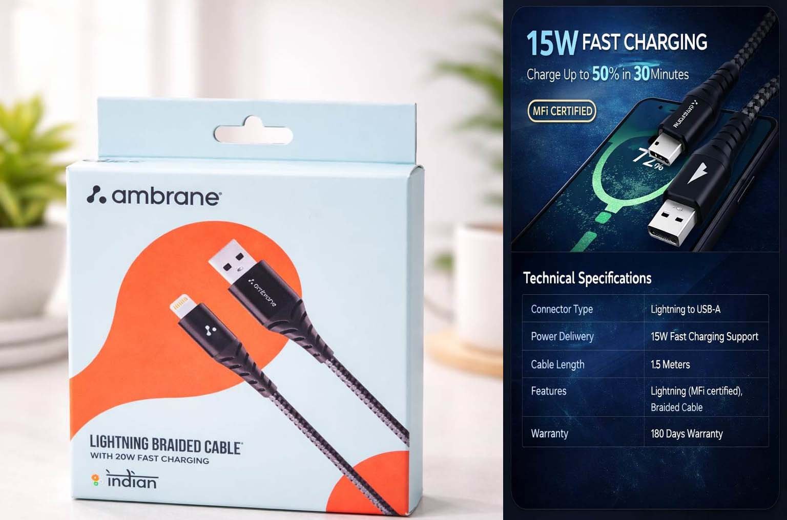 Ambrane Lightning Braided Cable 15W fast charging