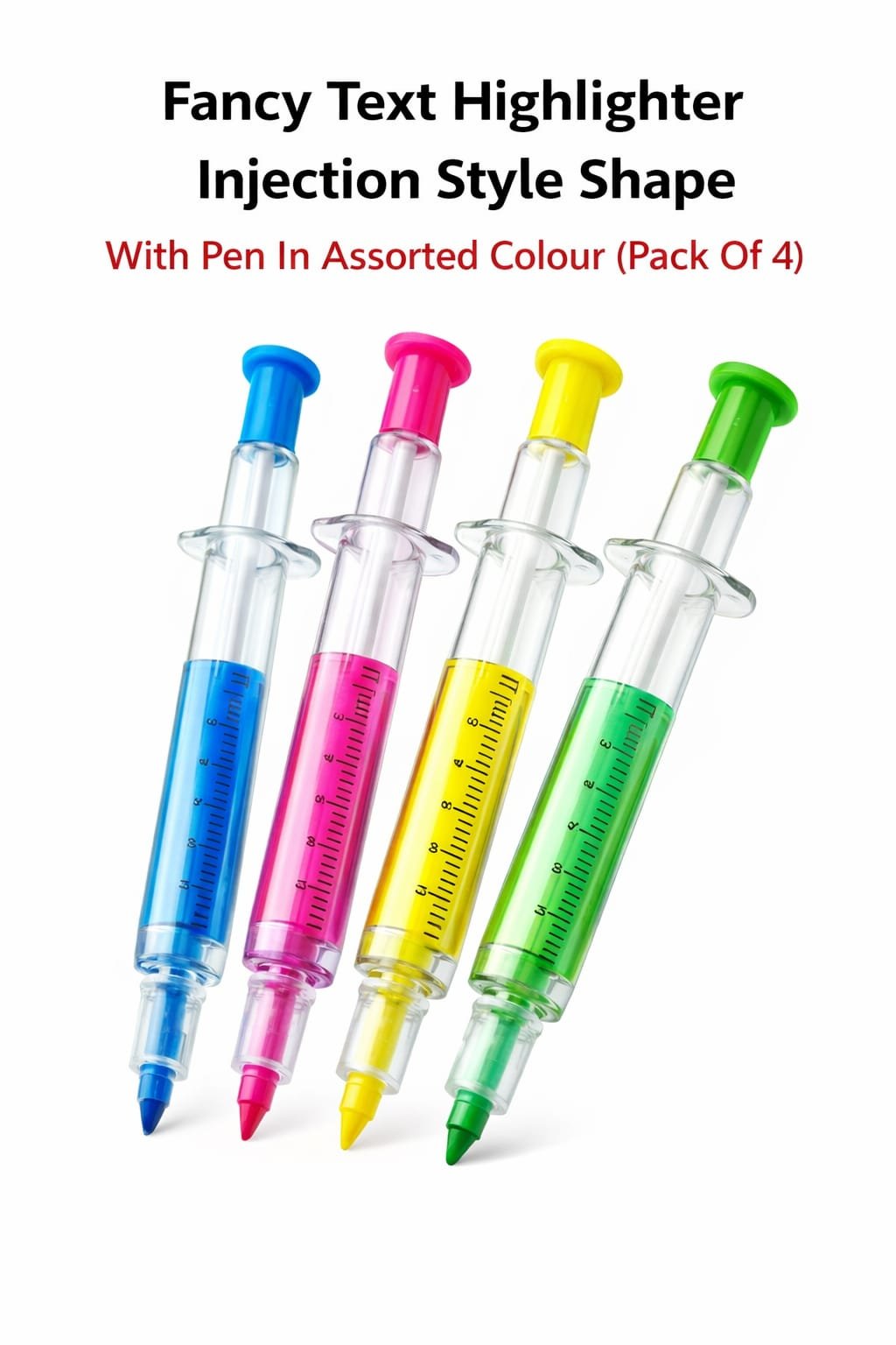 Fancy Text Highlighter Injection Style Shape With Pen – Assorted Colours (Pack of 4) - Image 2