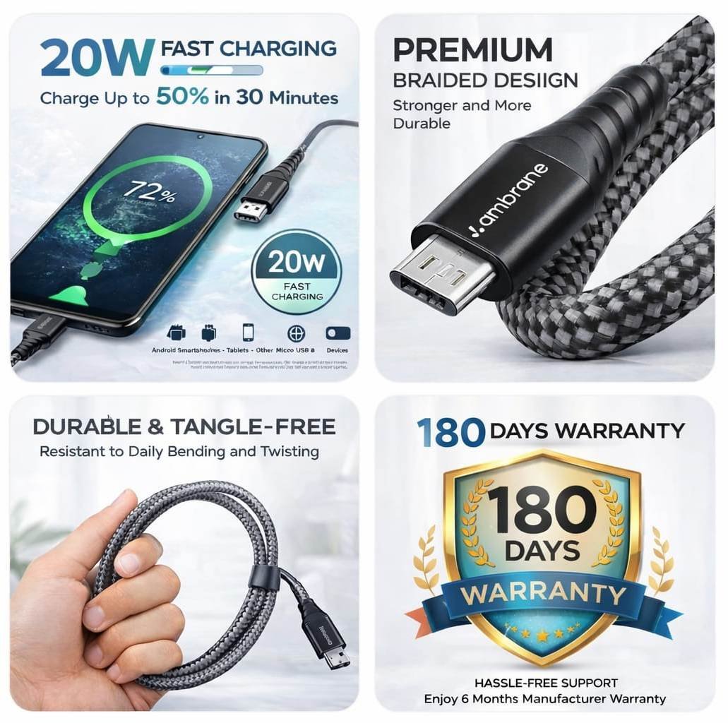 Ambrane Micro USB Braided Cable 20W Fast Charging - Image 2