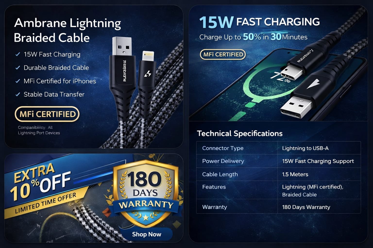 Ambrane Lightning Braided Cable 15W fast charging - Image 2
