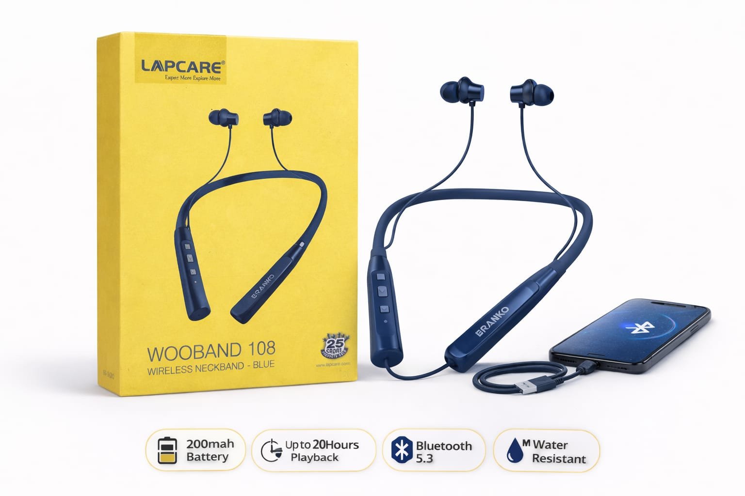 Lapcare Wooband 108 Wireless Neckband (Blue)